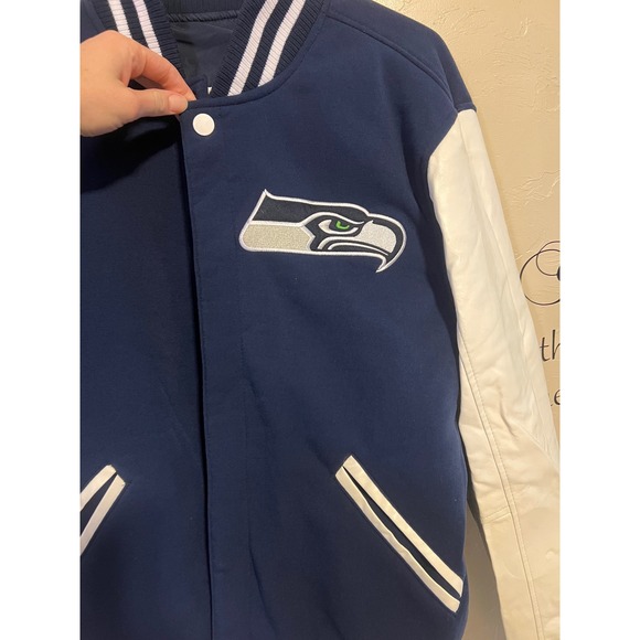 NFL Seattle Seahawks Reversible Fleece Jacket PVC Sleeves Size S 2 front logos - Picture 3 of 14